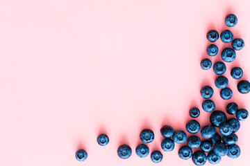 blueberries on pink background. Top view. Flat lay