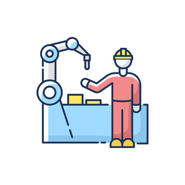 Employee training RGB color icon. Manufacturing industry, professional production line maintenance. Factory worker near conveyor belt isolated vector illustration