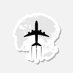 Globe with flying plane sticker icon isolated on gray background