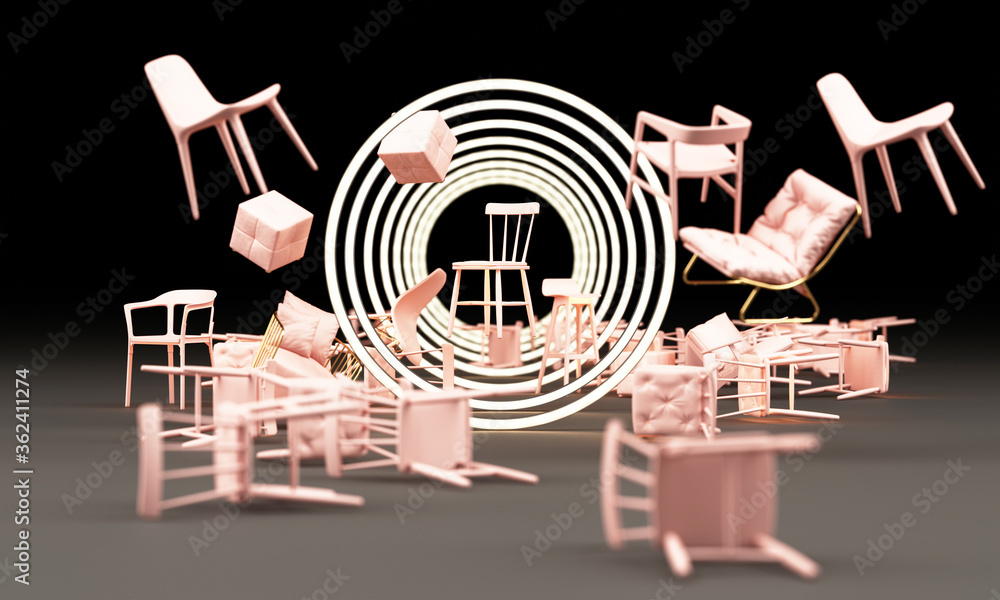 Poster chairs in empty with circle white led and warm lighting on black background. concept of minimalism &