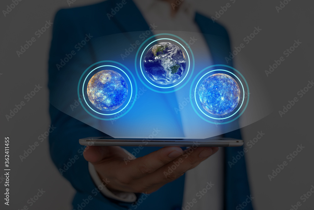 Poster digital image of distant solar system showing global technology networks. elements of this image fur