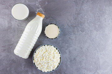 Various dairy products. Healthy dairy products on a gray background. Milk, sour cream and cottage...