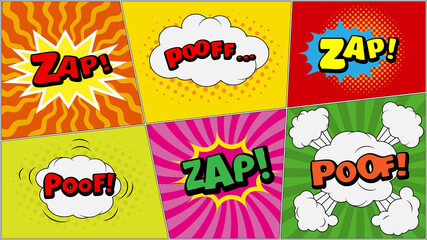 Vector comic speach bubble with prase   Zap, Poof . Comic cartoon sound bubble speech set on colored background.