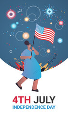 Fototapeta na wymiar happy woman holding united states flag celebrating american independence day holiday 4th of july banner vertical full length vector illustration