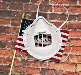 US Flag behind a mask cut out to mimic prison cell depicting that wearing protective gear is infringing on freedom
