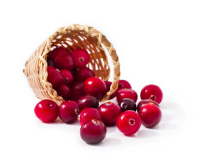 Heap of cranberries in a basket isolated on a white background.