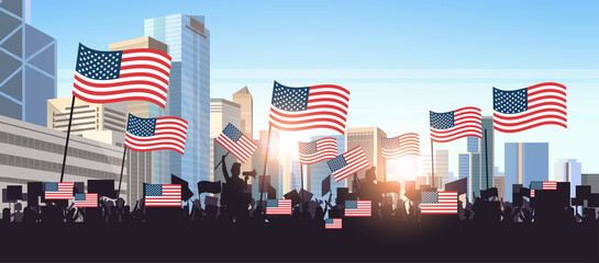 people silhouettes holding united states flags celebrating american independence day holiday 4th of july banner horizontal cityscape background portrait vector illustration