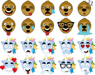 Obraz premium Vector illustration of face expressions of unicorns and sloths