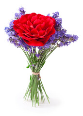 Bouquet of lavender and rose flowers isolated on a white background.