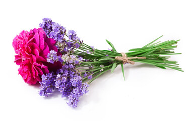 Bouquet of lavender and rose flowers isolated on a white background.