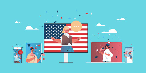 people in digital devices screens celebrating 4th of july independence day during video call chat bubble communication concept horizontal vector illustration