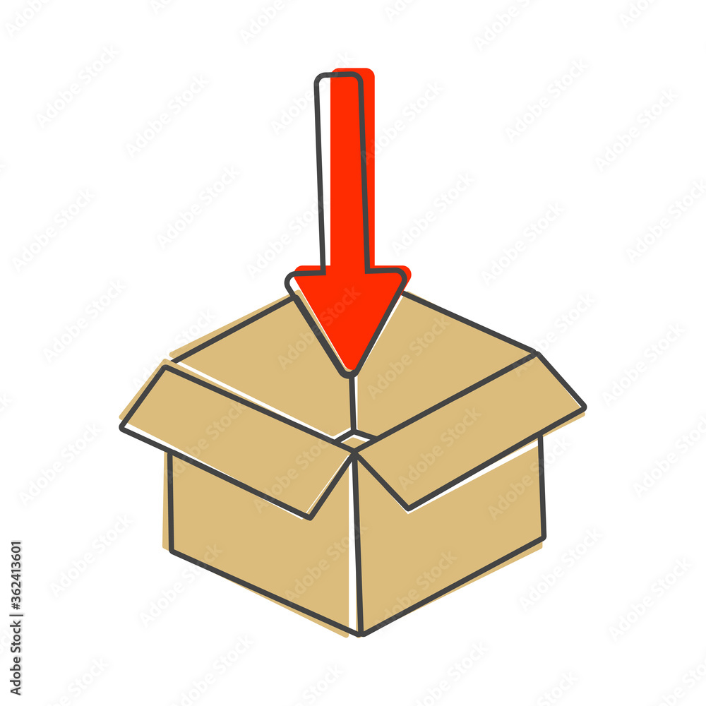 Poster open box and arrow pointing into the box, inside a vector image. packing and goods packing mark