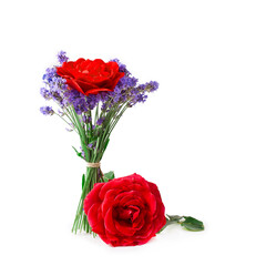 Bouquet of lavender and rose flowers isolated on a white background.