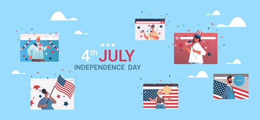 people in web browser windows celebrating 4th of july independence day concept chat bubble communication online meeting horizontal portrait vector illustration