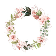 Watercolor Floral wreath of brown roses and glitter leaves. Botanic illustration for card composition design