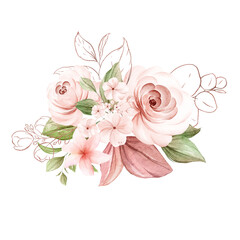 Watercolor arrangement of soft brown and glitter line leaves. Botanic decoration illustration for wedding card, fabric, and logo composition