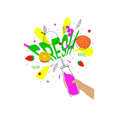 Vector illustration of a hand holding a bottle of juice.Hand drawn doodle smoothie with juice illustration cartoon style.