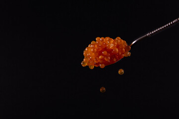 Salmon Roe in Silver Spoon on Dark Background. 