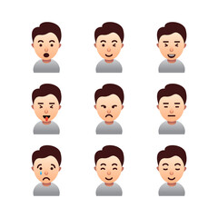 vector face emoticon, set of male emoji character, isolated facial emoticon