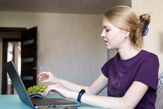 Serious young pretty businesswoman working remotely using her laptop sitting on a sofa in the living room of her cozy country house