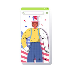 man in festive usa hat celebrating 4th of july american independence day concept smartphone screen mobile app portrait vector illustration