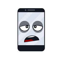 Mobile phone with sad face on screen. Cartoon flat illustration. Shocked and surprised, eyes and mouth. Emotions on the monitor. Broken smartphone. problem with technique