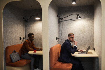 Portrait of two modern business people working in separate booths at open office, copy space