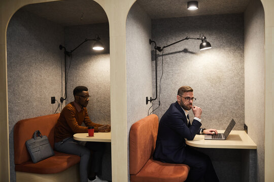 Portrait Of Two Modern Business People Working In Separate Booths At Open Office, Copy Space