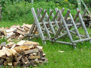 Sawing with classic tools outdoors