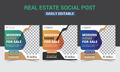 Set of real estate instagram post social media banner template design. Modern home sale social media post layout & digital marketing promo poster, advertising square social media post design.