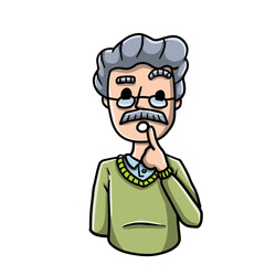 Confused old man. Doubts and gesture finger at hands. Emotions of hesitation, suspicion and mistrust. Cartoon embarrassed bearded character. Senior and question