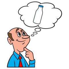 Thinking about a Milk Bottle - A cartoon illustration of a man thinking about a Milk Bottle.