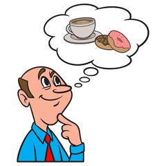 Thinking about Donuts and Coffee - A cartoon illustration of a man thinking about a cup of Coffee and Donuts.