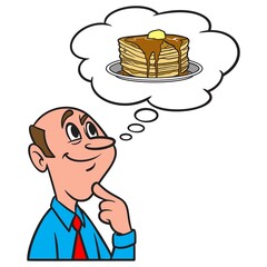 Thinking about Pancakes - A cartoon illustration of a man thinking about a plate of Pancakes.