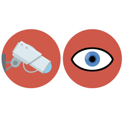 Naklejka premium Video surveillance camera. Security footage set. White CCTV device with red lens. Cartoon flat illustration. Safety and security. Human eye icon. control and monitoring in circle