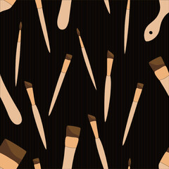 Seamless pattern with Different paint brushes. Black background. Art tools vector illustration
