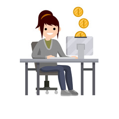 Woman sit at table with computer. Online income and salary. Gold coins. Cartoon flat illustration. Work freelance and programmer. Happy girl