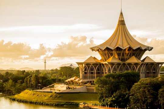 KUCHING, MALAYSIA - Aug 20, 2014: View of the Esplanade on the riverside in Kuching, Malaysia - Borneo during sunset.