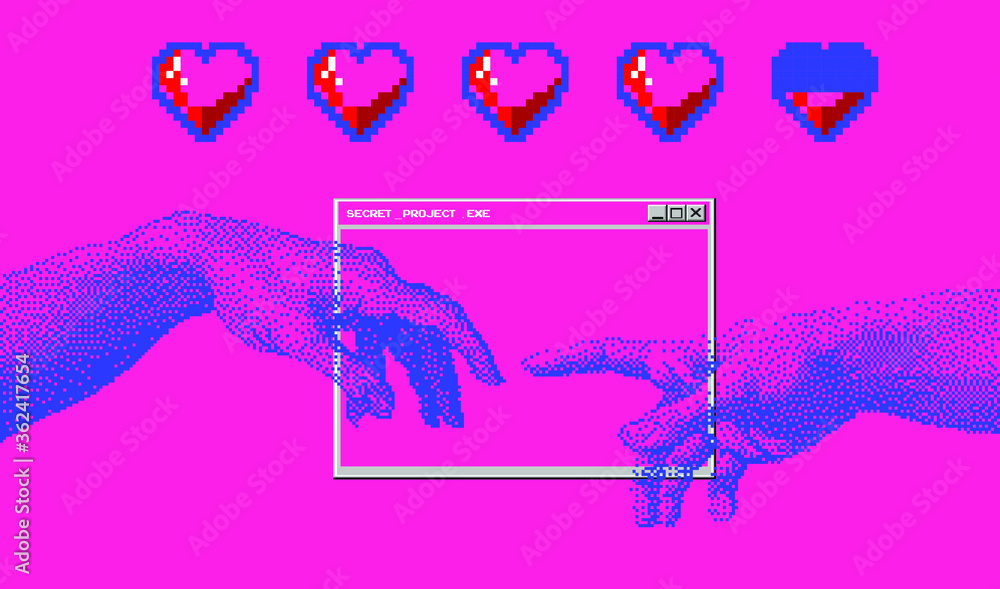 Poster hands going to touch together, look like the michelangelo's art work. cyberpunk and vaporwave style 