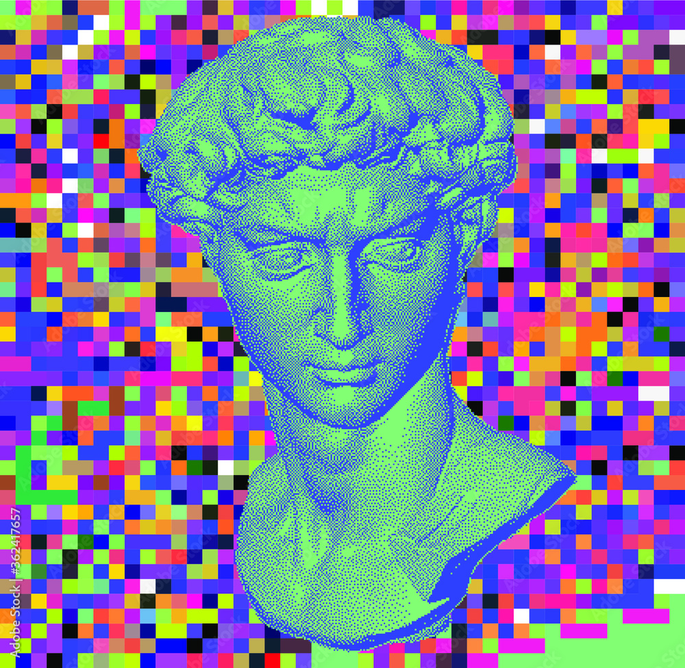 Poster pixel art 3d rendering of michelangelo's david head. retrofuturistic vector illustration in vaporwav