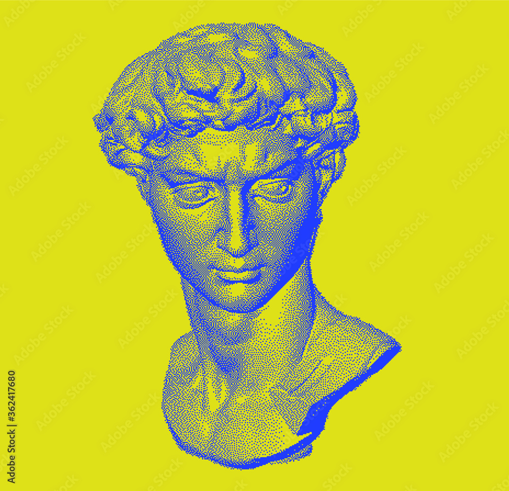 Poster pixel art 3d rendering of michelangelo's david head. retrofuturistic vector illustration in vaporwav