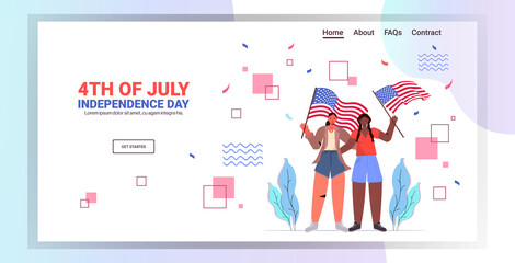 mix race women holding usa flags girls couple celebrating 4th of july independence day concept full length copy space horizontal vector illustration