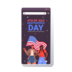 mix race women holding usa flags girls couple celebrating 4th of july independence day concept smartphone screen mobile app portrait copy space vector illustration