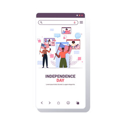 mix race people holding usa flags celebrating 4th of july independence day concept chat bubble online communication smartphone screen copy space vector illustration