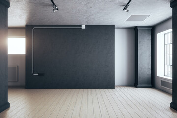 Modern gallery interior with columns and empty wall.