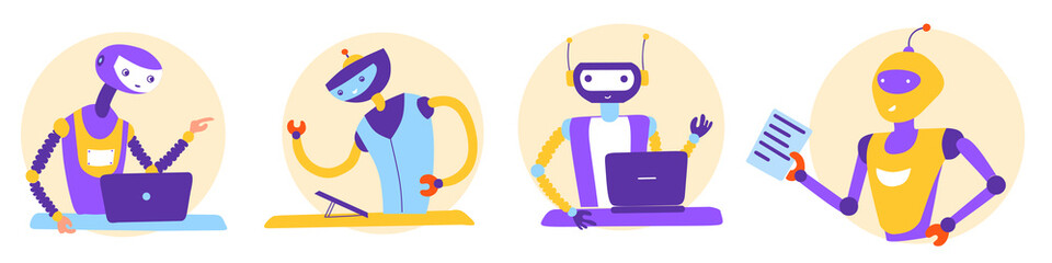 Robots, chat-bots set, vector flat illustration. Ai - artificial intelligence. Future concept.