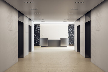Contemporary hotel hall with reception table.