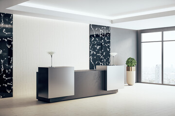 Modern hotel hall with reception table and city view.