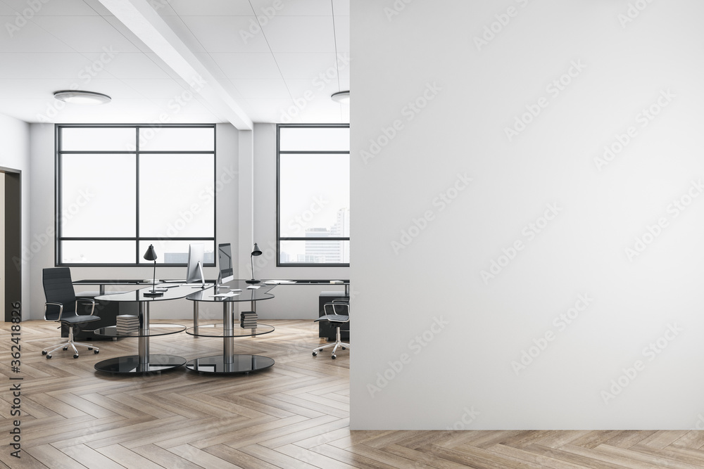Poster contemporary workplace with computer on table and blank wall.