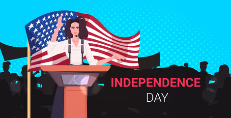 female politician speaking to people from tribune 4th of july american independence day celebration concept horizontal portrait vector illustration